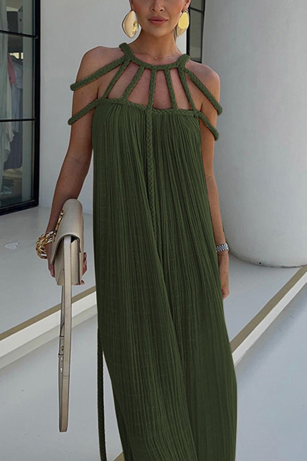 Robe longue plissée détails tressés épaules dénudées army vert pour femme