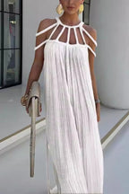 Robe longue plissée détails tressés épaules dénudées blanc pour femme