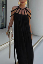Robe longue plissée détails tressés épaules dénudées pour femme