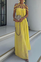 Robe longue plissée détails tressés épaules dénudées jaune pour femme