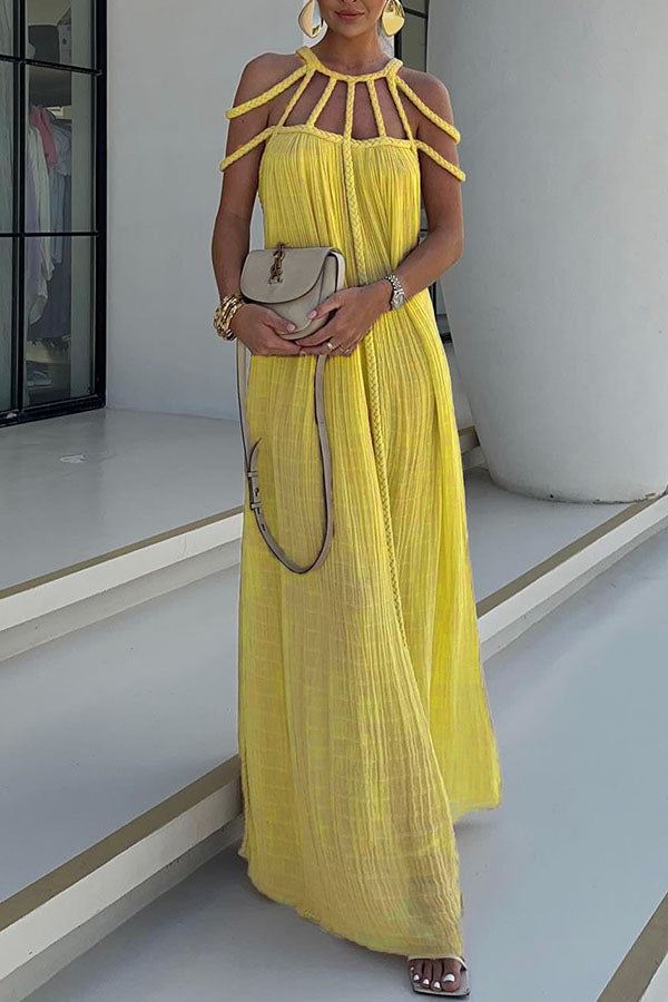 Robe longue plissée détails tressés épaules dénudées jaune pour femme