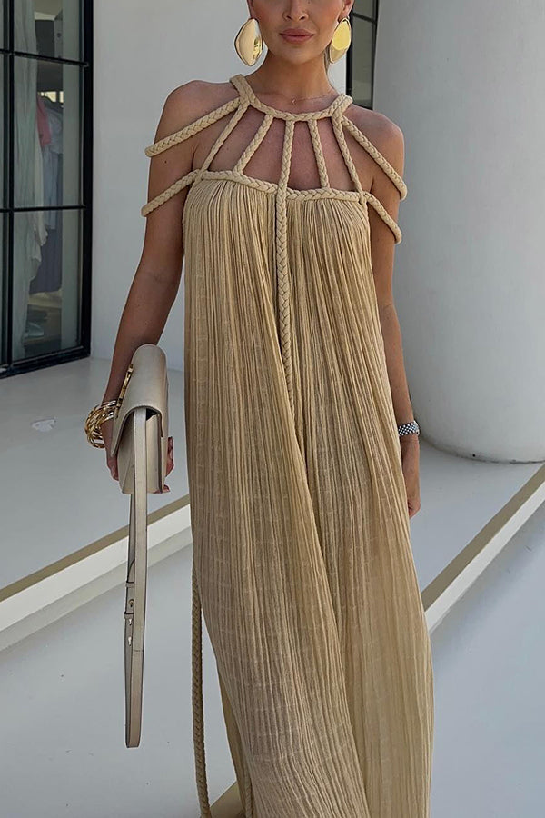 Robe longue plissée détails tressés épaules dénudées kaki pour femme