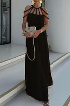 Robe longue plissée détails tressés épaules dénudées noir pour femme