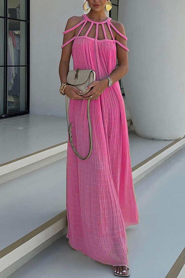 Robe longue plissée détails tressés épaules dénudées rose pour femme