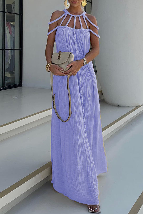 Robe longue plissée détails tressés épaules dénudées violet pour femme