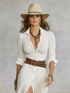 Robe longue plissée col V boutonnée