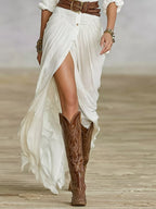 Robe longue plissée col V boutonnée