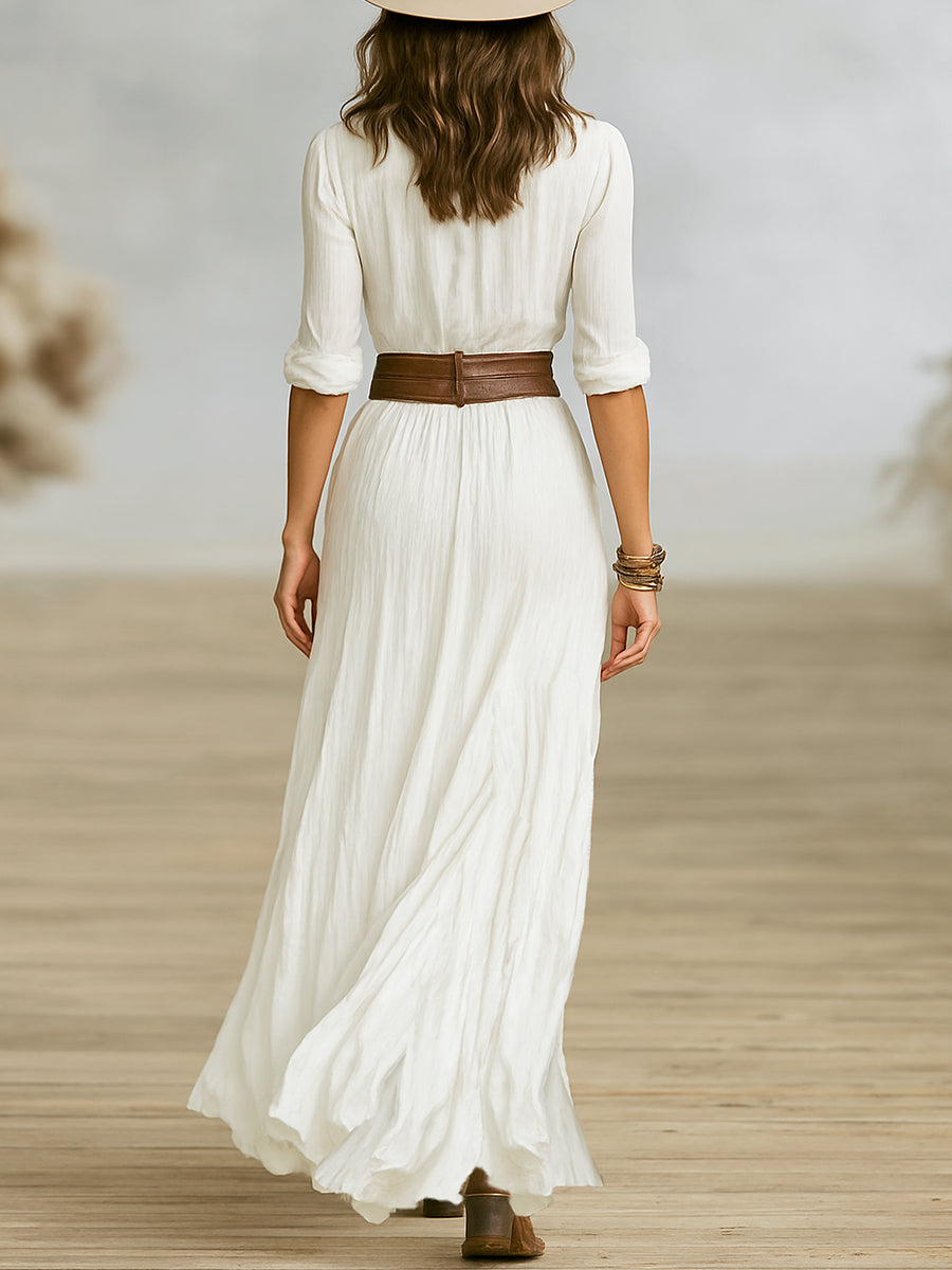 Robe longue plissée col V boutonnée