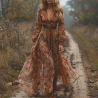 Robe maxi plissée à broderies florales col chemise pour femme