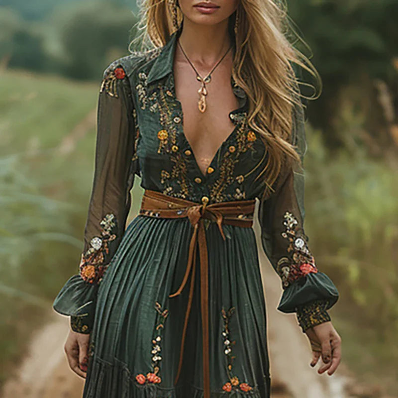 Robe maxi plissée à broderies florales col chemise pour femme