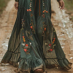 Robe maxi plissée à broderies florales col chemise pour femme