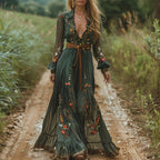 Robe maxi plissée à broderies florales col chemise pour femme