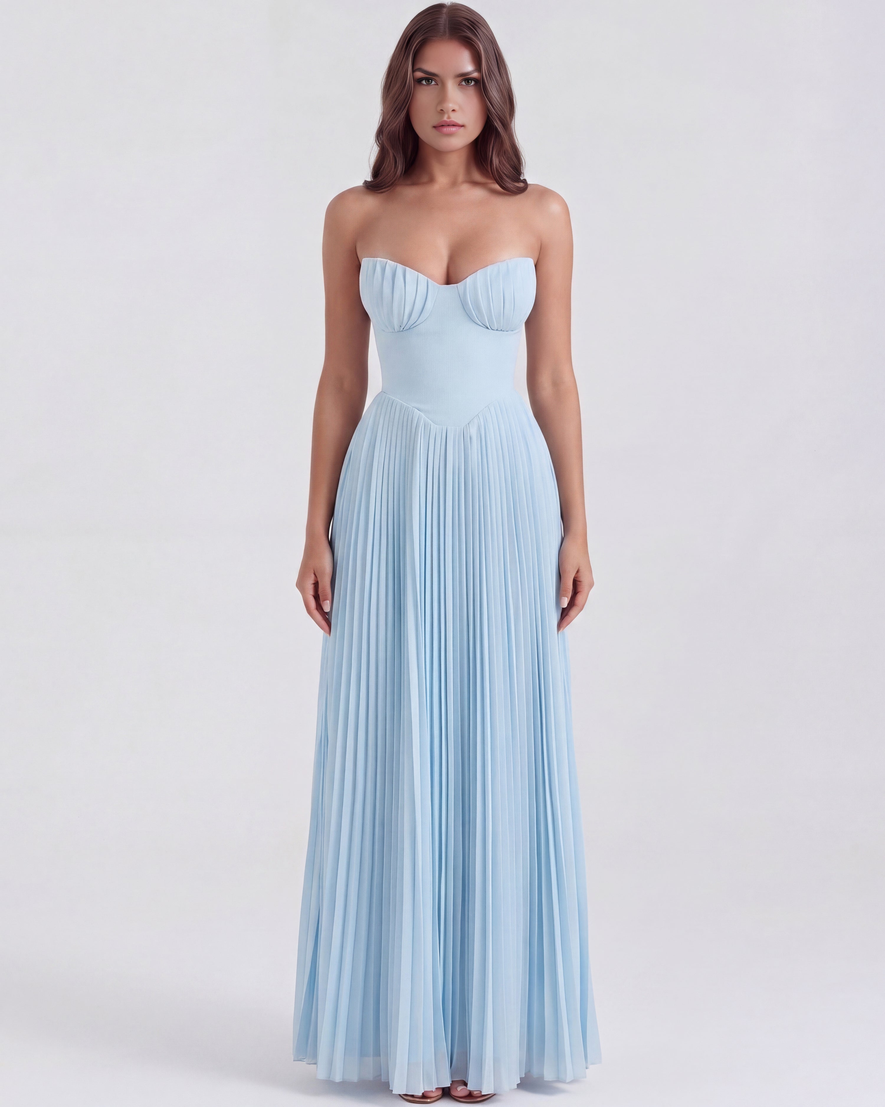 Robe longue plissée bustier bleu pastel
