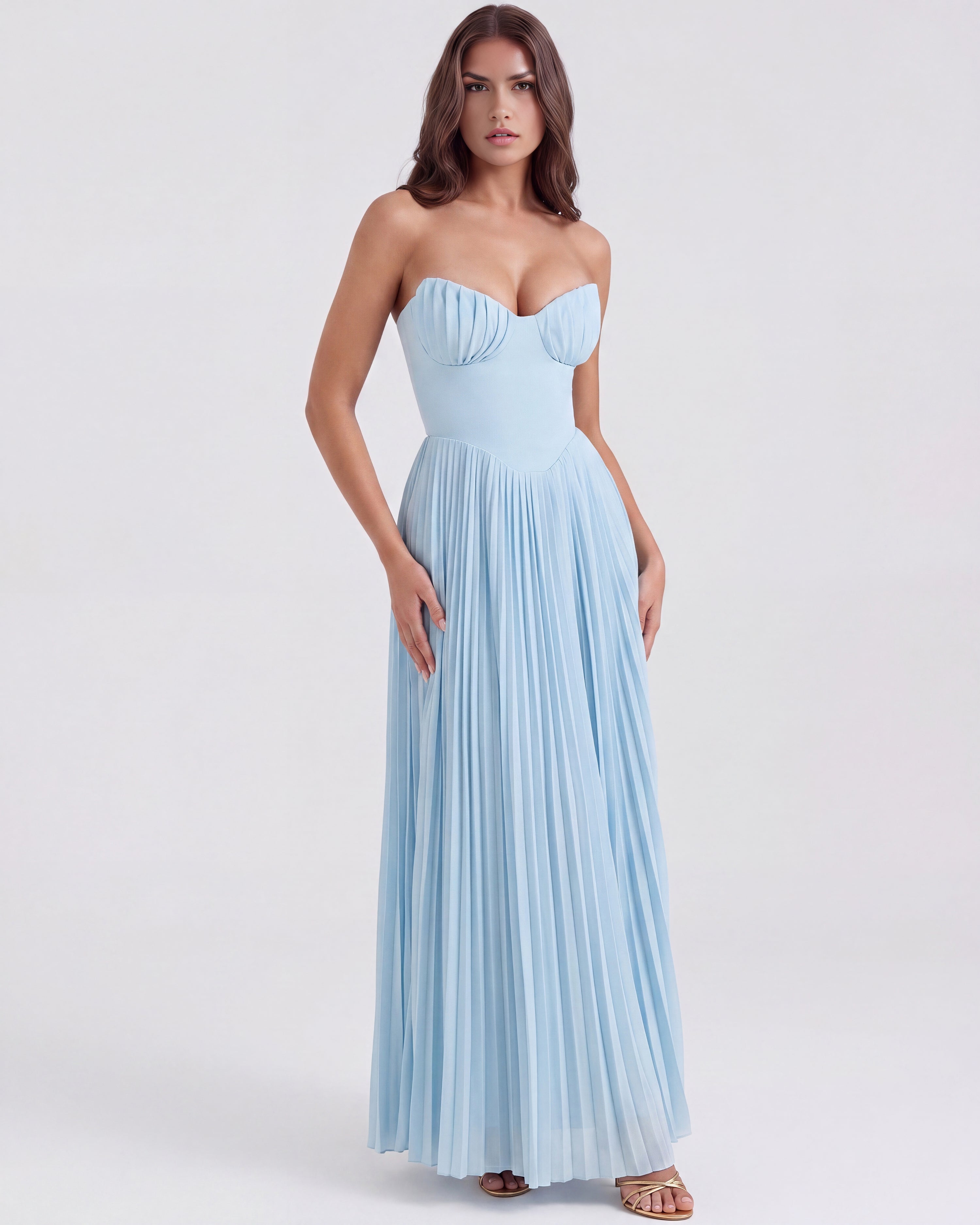 Robe longue plissée bustier bleu pastel