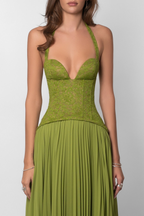 Robe longue plissée bustier dentelle pour femme