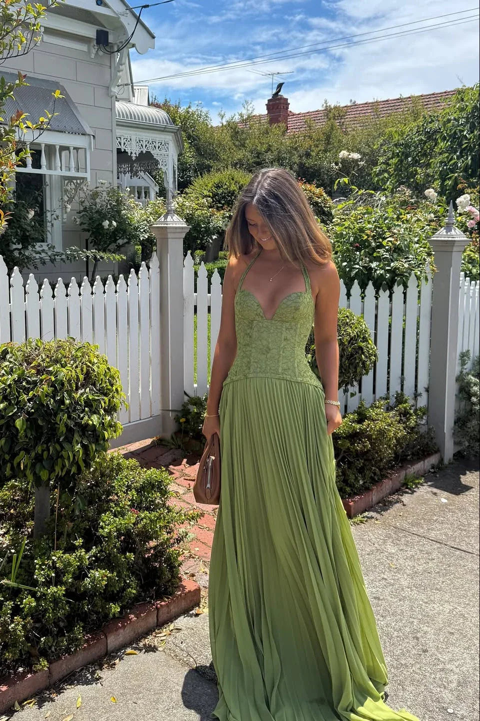 Robe longue plissée bustier dentelle pour femme