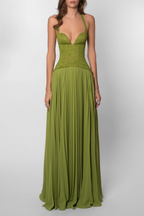 Robe longue plissée bustier dentelle pour femme
