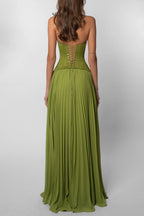 Robe longue plissée bustier dentelle pour femme