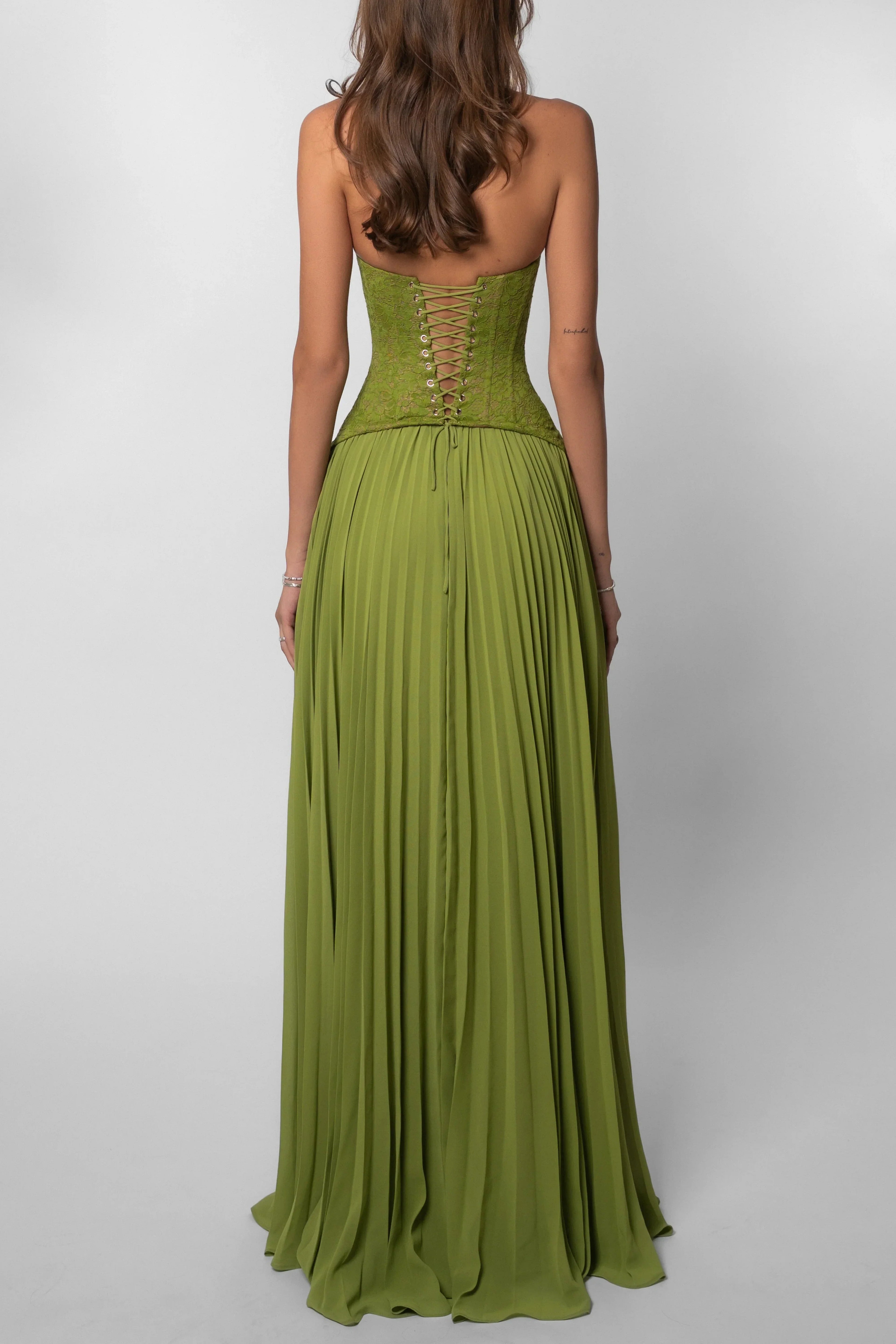 Robe longue plissée bustier dentelle pour femme