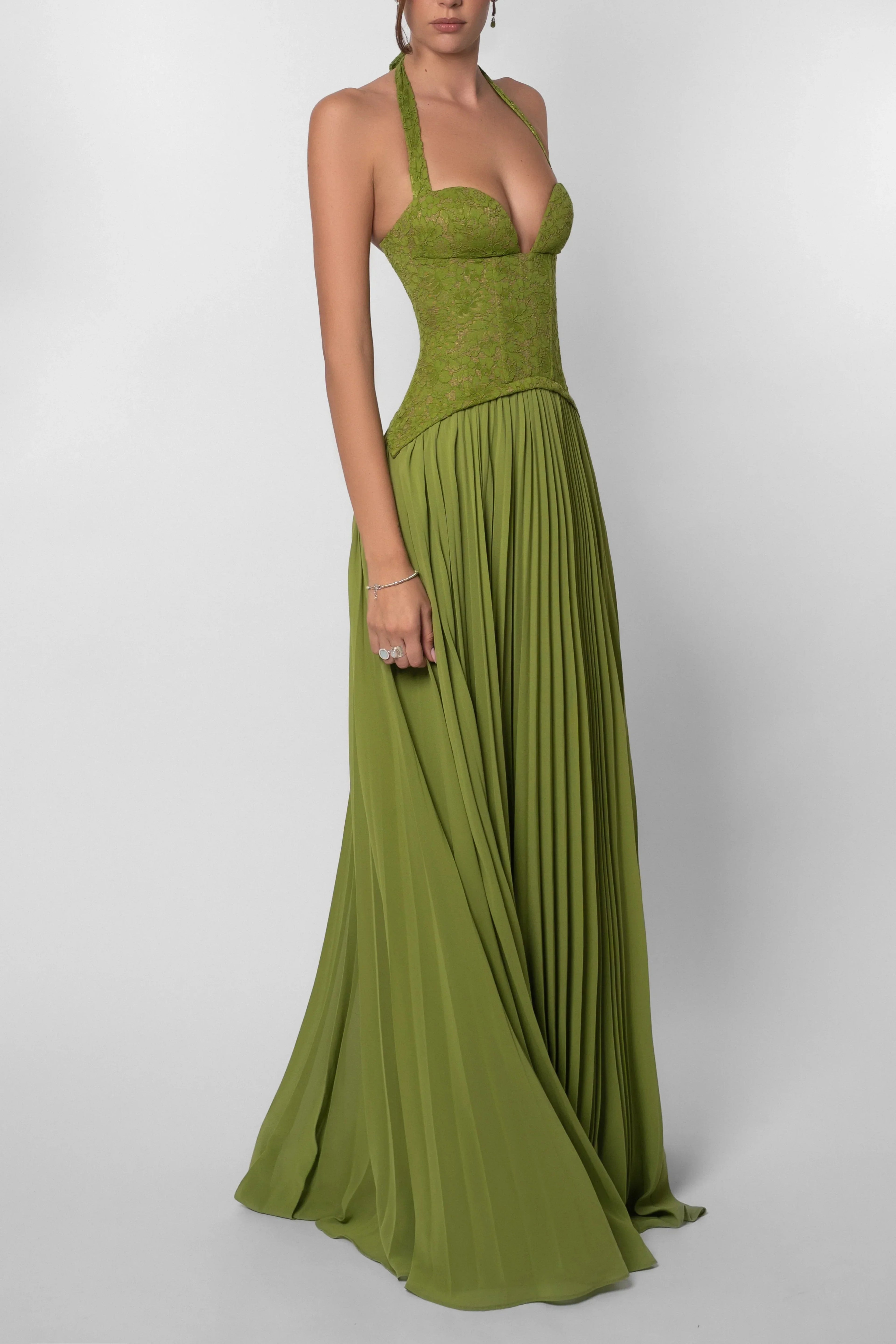 Robe longue plissée bustier dentelle pour femme