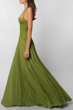 Robe longue plissée bustier dentelle pour femme