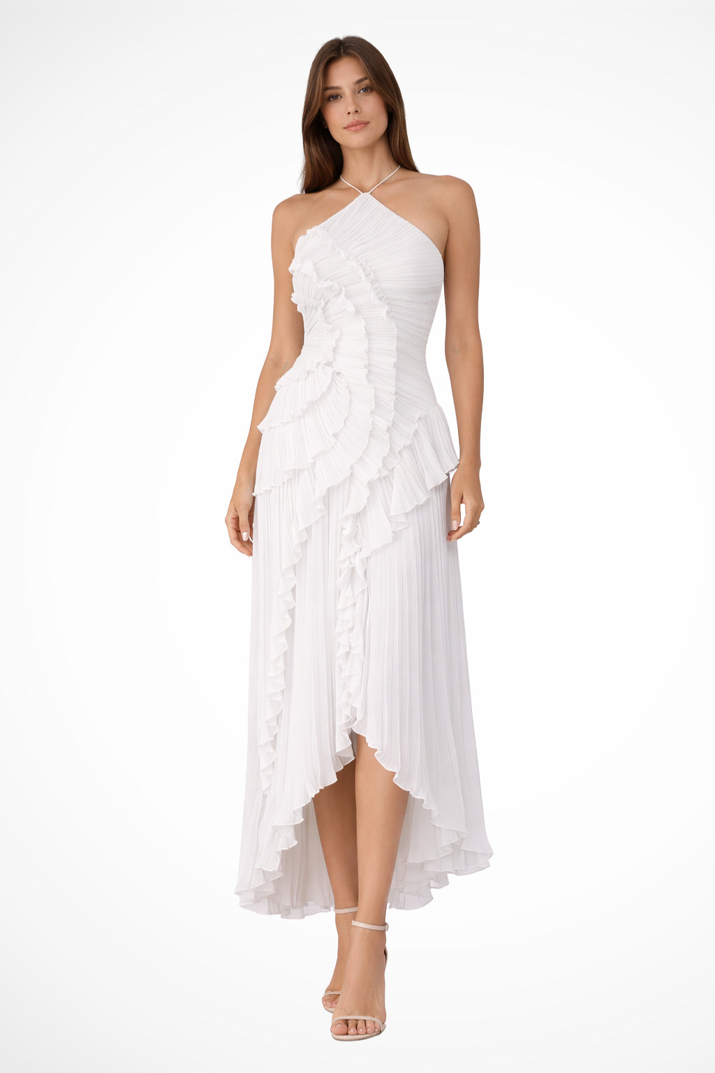 Robe longue plissée col licou à volants pour femme