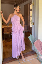 Robe longue plissée col licou à volants pour femme