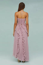 Robe longue plissée col licou à volants pour femme