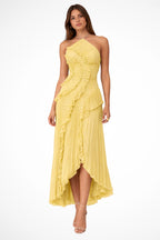 Robe longue plissée col licou à volants pour femme