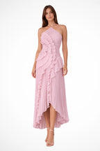 Robe longue plissée col licou à volants pour femme