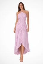 Robe longue plissée col licou à volants pour femme