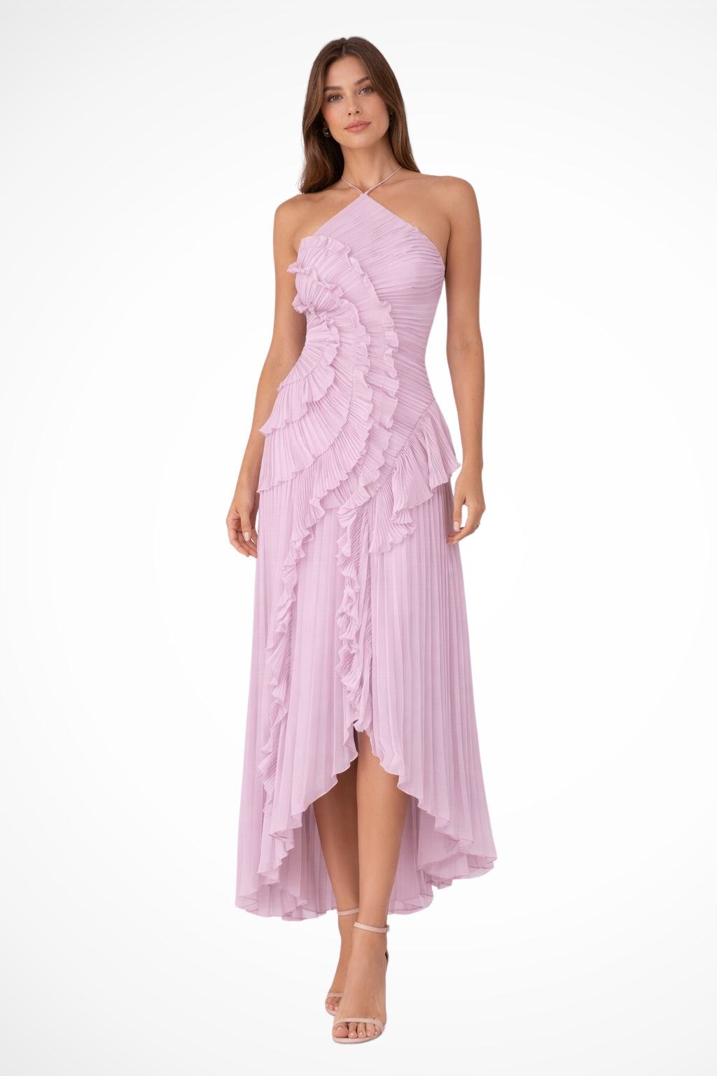 Robe longue plissée col licou à volants pour femme