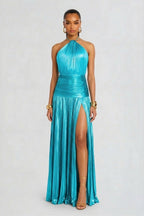 Robe longue plissée col halter fendue bleu clair pour femme