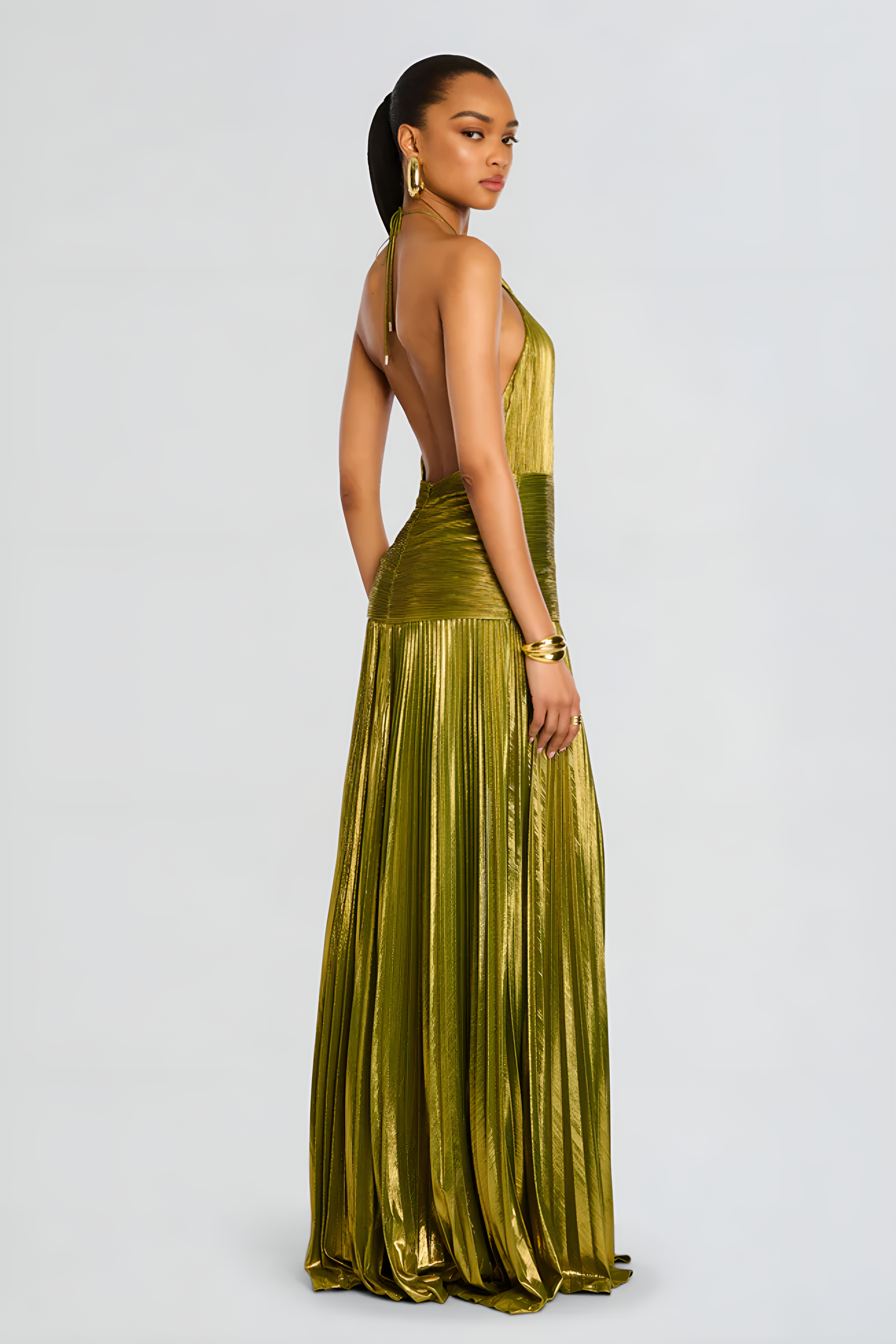 Robe longue plissée col halter fendue pour femme – vue 2