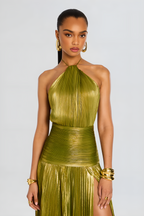 Robe longue plissée col halter fendue pour femme – vue 3