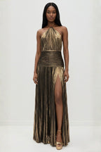Robe longue plissée col halter fendue marron pour femme