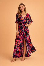 Robe longue portefeuille à fente latérale pour femme