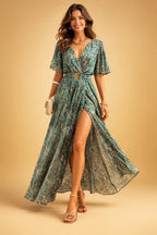 Robe longue portefeuille à fente latérale vert pour femme