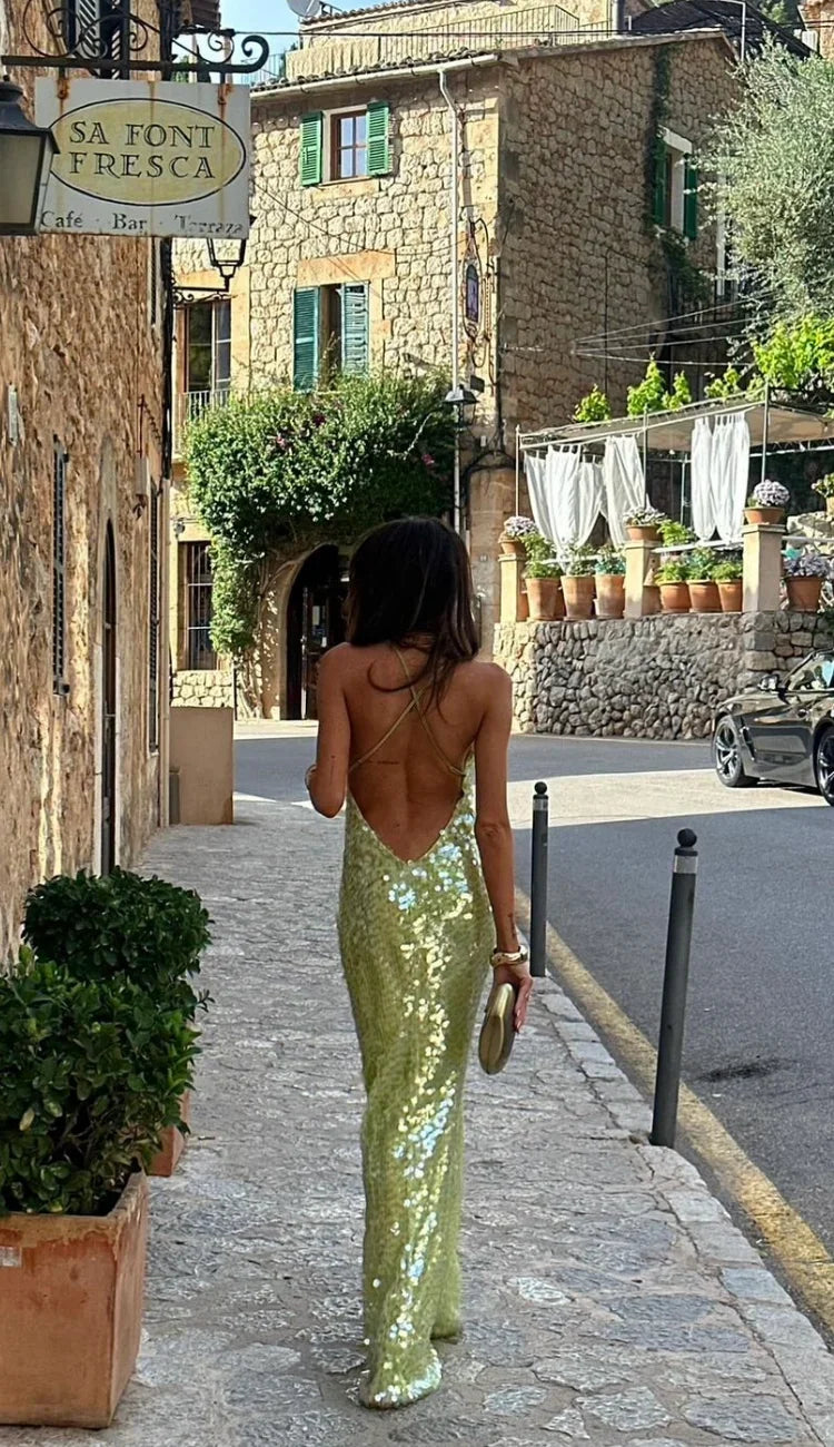 Robe longue sequins verts dos nu bretelles fines pour femme