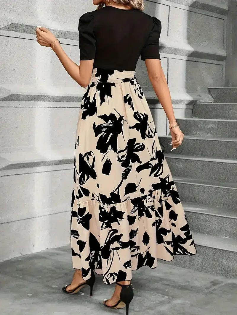 Robe maxi fleurie taille haute à nœud