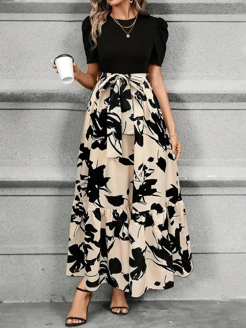Robe maxi fleurie taille haute à nœud