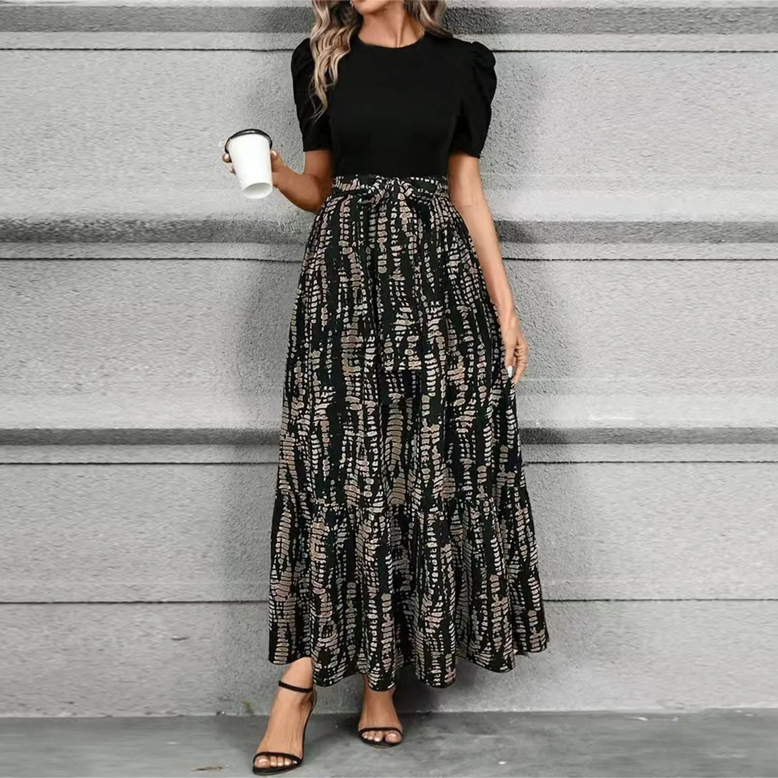 Robe maxi fleurie taille haute à nœud