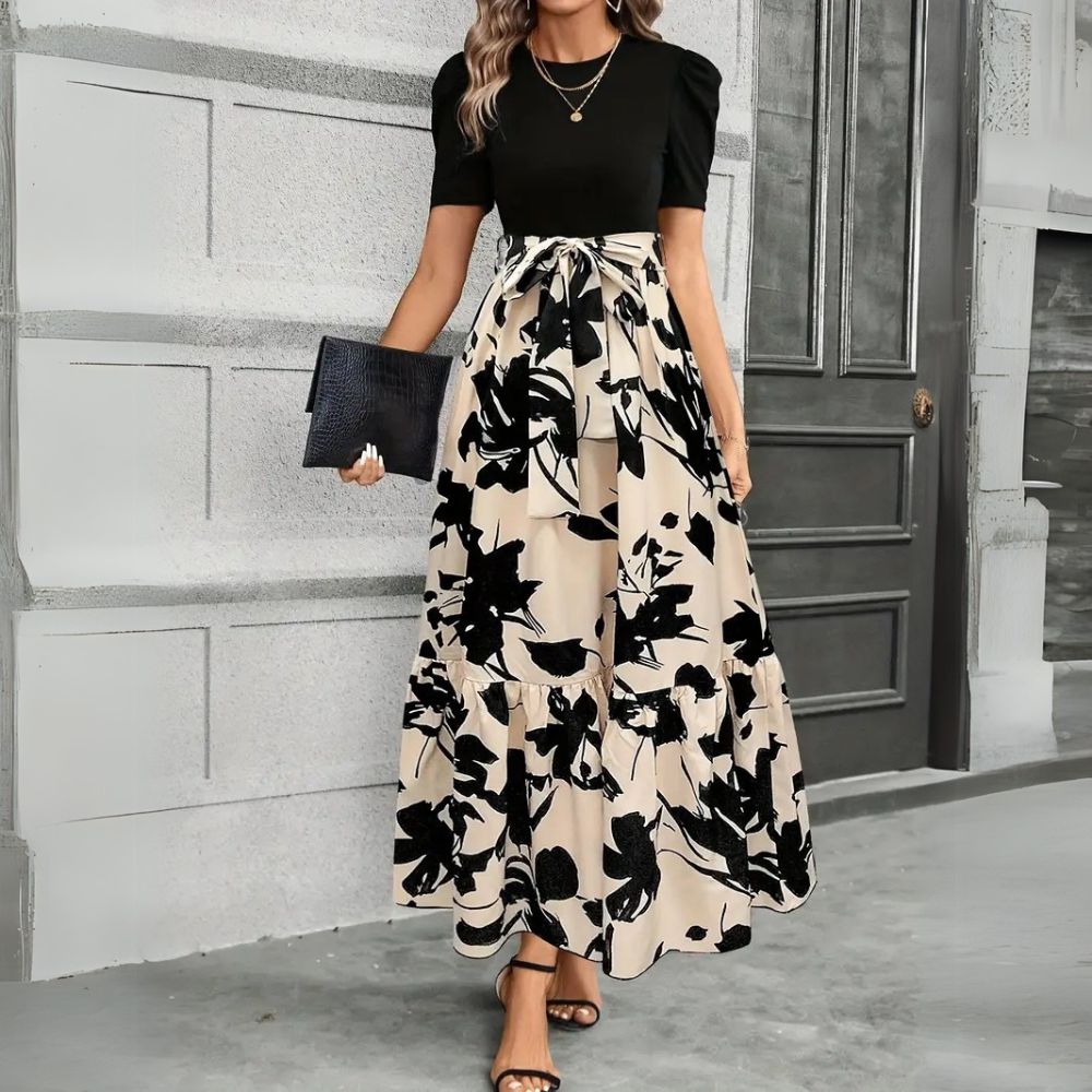 Robe maxi fleurie taille haute à nœud