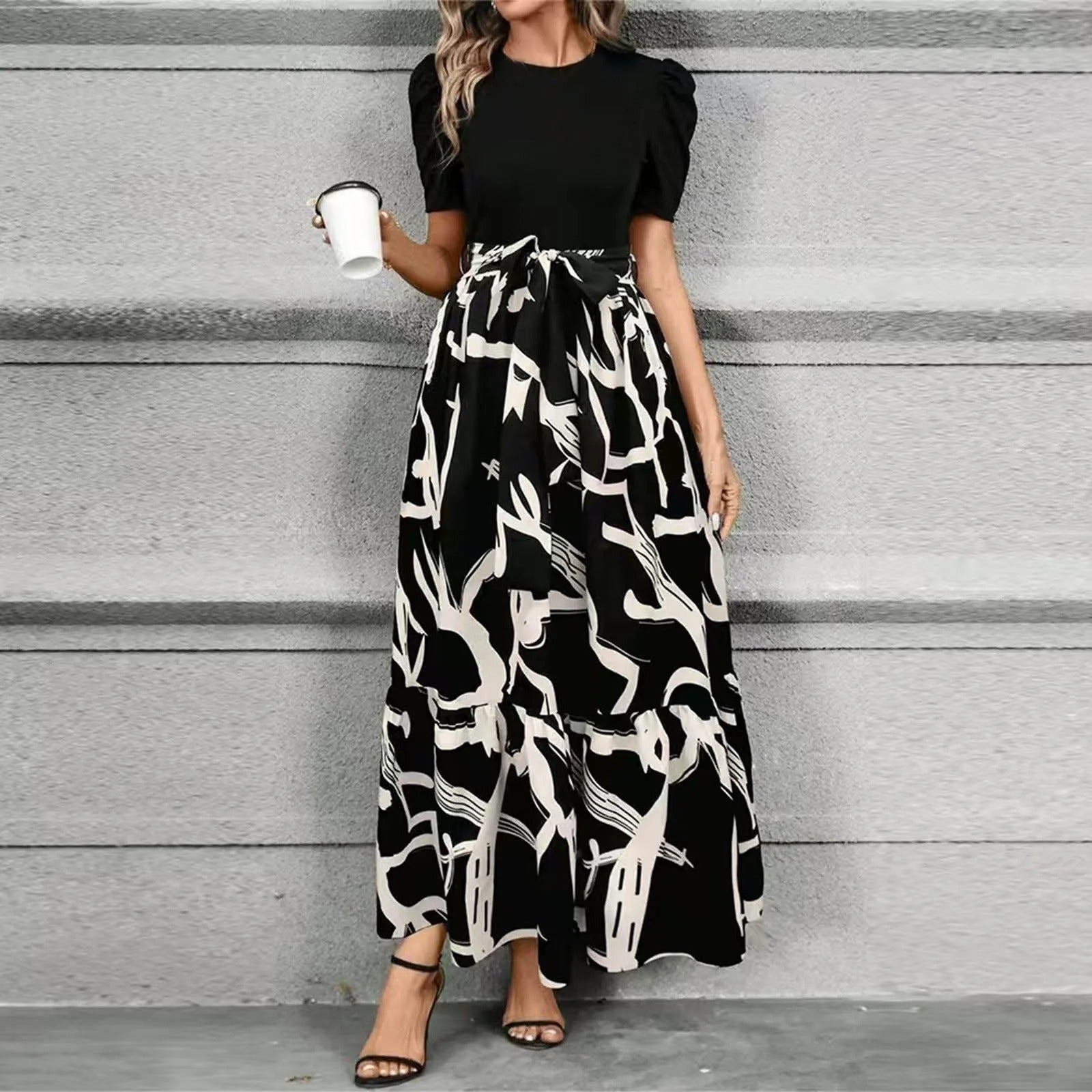 Robe maxi fleurie taille haute à nœud