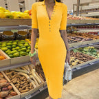 Robe mi-longue côtelée col polo ajustée jaune pour femme