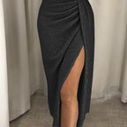 Robe mi-longue épaules dénudées à fente pour femme