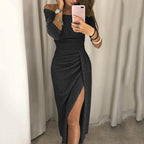 Robe mi-longue épaules dénudées à fente pour femme