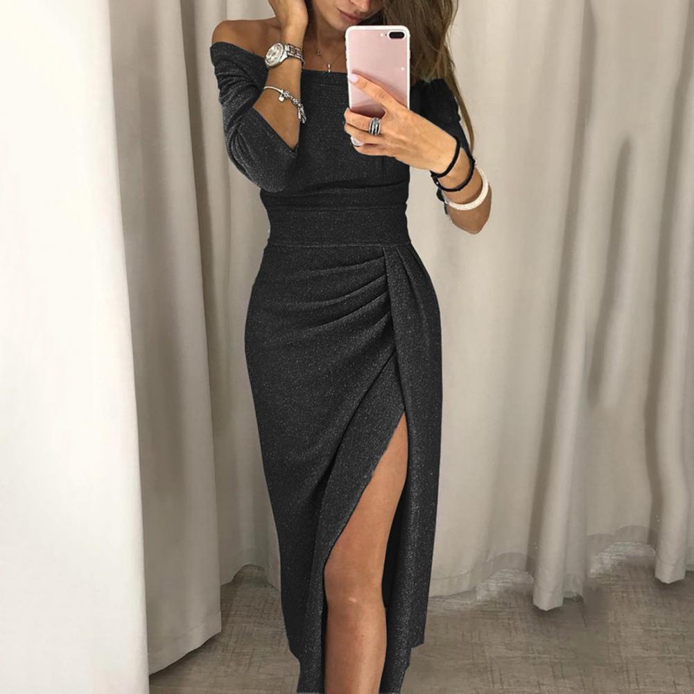Robe mi-longue épaules dénudées à fente pour femme