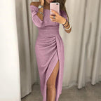 Robe mi-longue épaules dénudées à fente pour femme