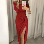 Robe mi-longue épaules dénudées à fente pour femme